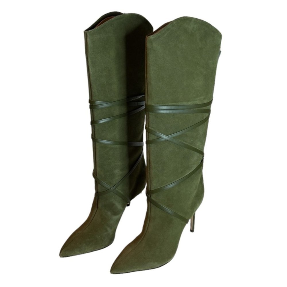 Schutz Maryana Women's Lace Up Tall Heeled Boots Olive Green S 7 NWOB